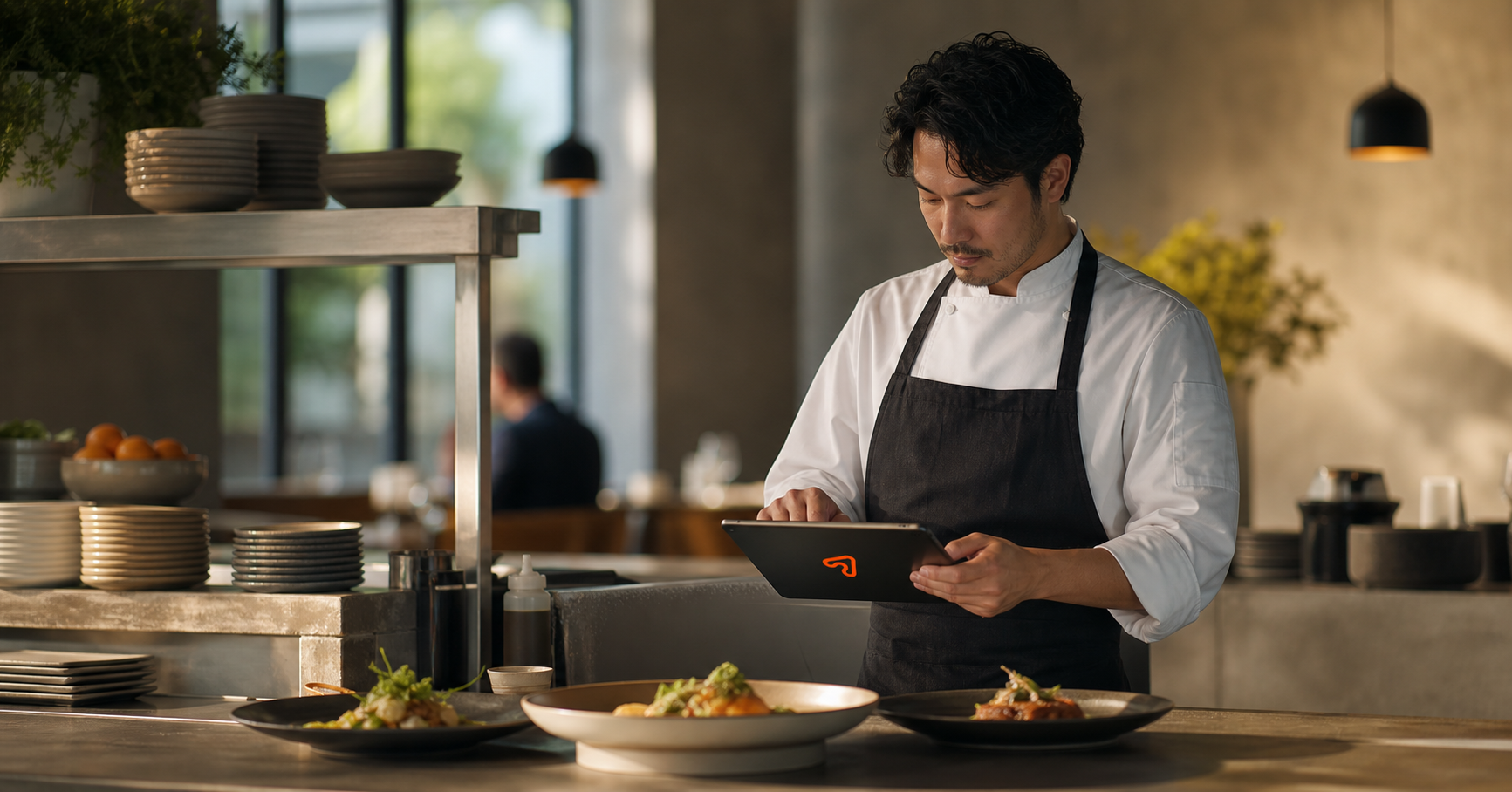 Restaurant operator using an Arrow AI tablet inside a premium food and beverage environment