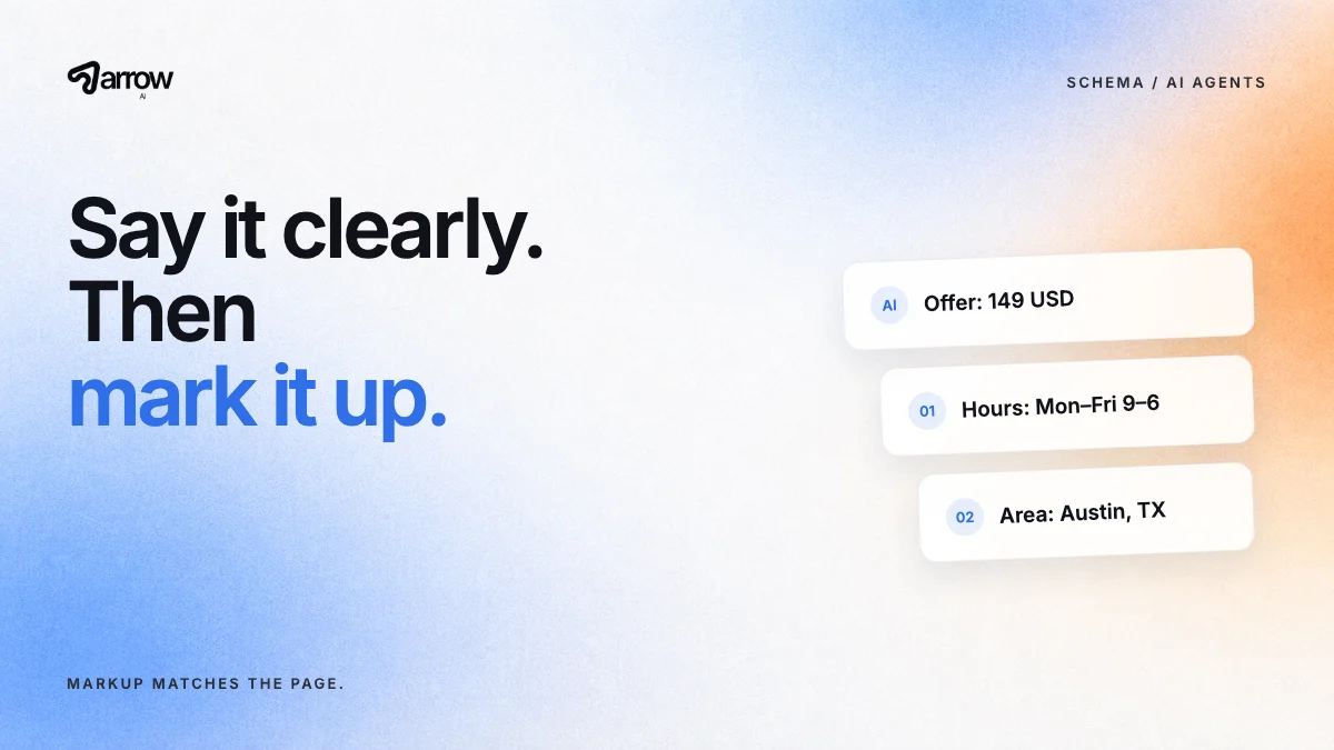Arrow AI: Say it clearly, then mark it up. Cards show structured facts an agent compares: an offer price, opening hours and service area.