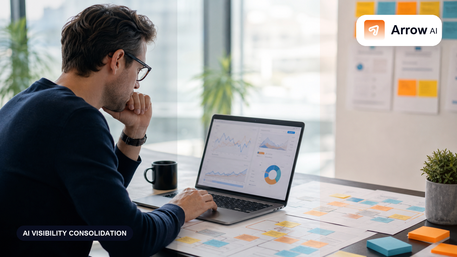 Strategist reviewing analytics charts and content maps for AI visibility, GEO, AEO and SEO consolidation