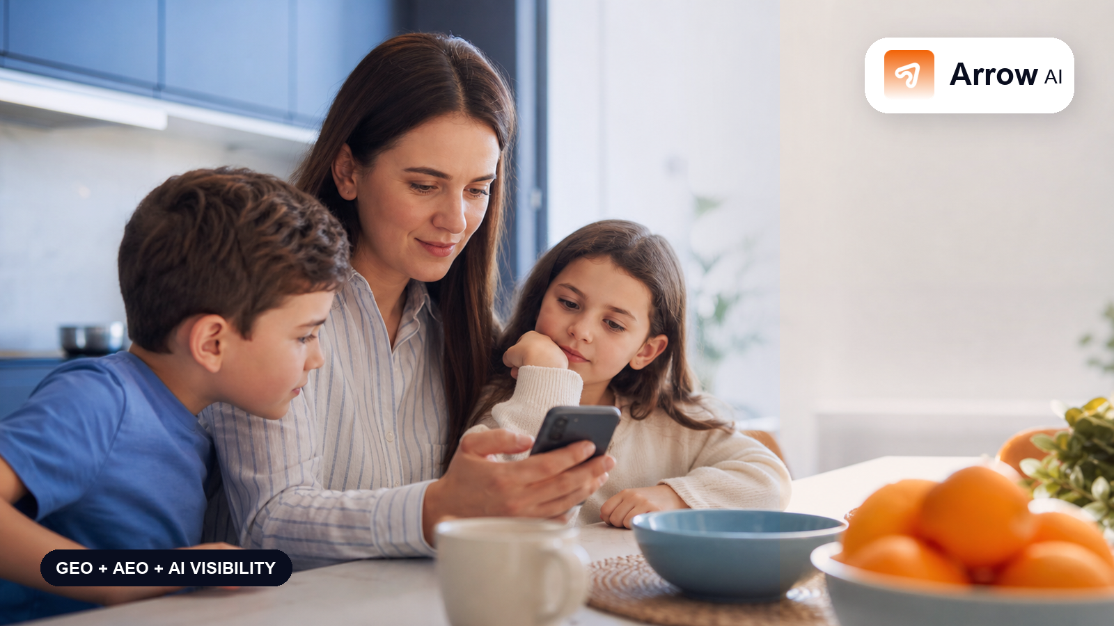 Mother and children searching on a smartphone, illustrating GEO, AEO, AI visibility, and buyer intent questions