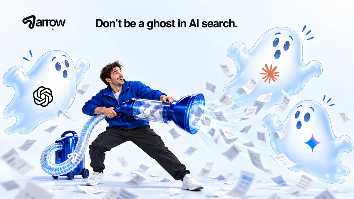 A playful illustrated character collects paper citations beside ghosts bearing AI logos, with the Arrow AI logo. Don’t be a ghost in AI search.