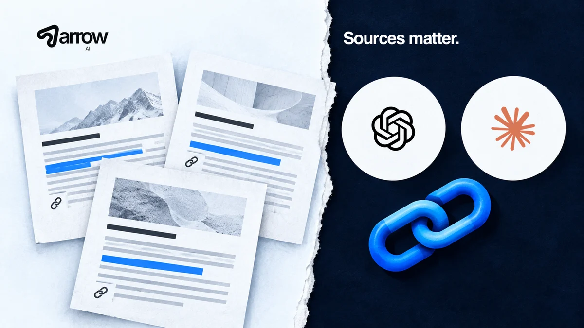 Paper sources with highlighted passages, ChatGPT and Claude logos, a blue chain link and the Arrow AI logo. Sources matter.