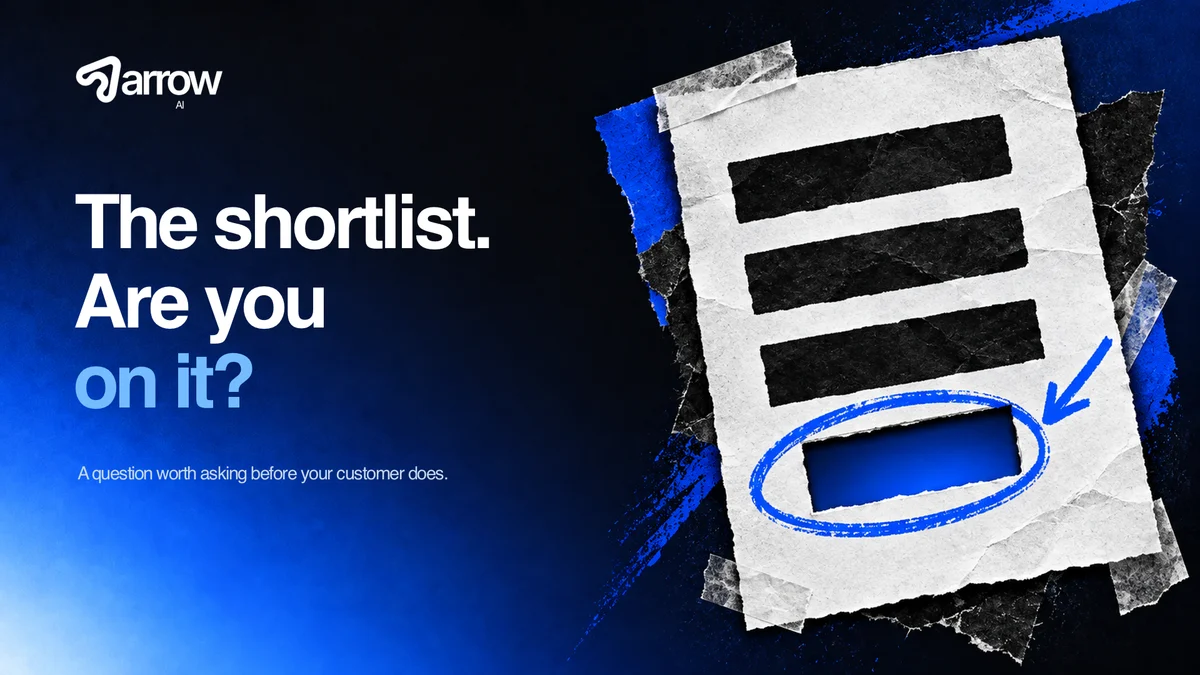 A torn-paper shortlist with an empty place circled in blue, beside the Arrow AI logo. The shortlist. Are you on it?