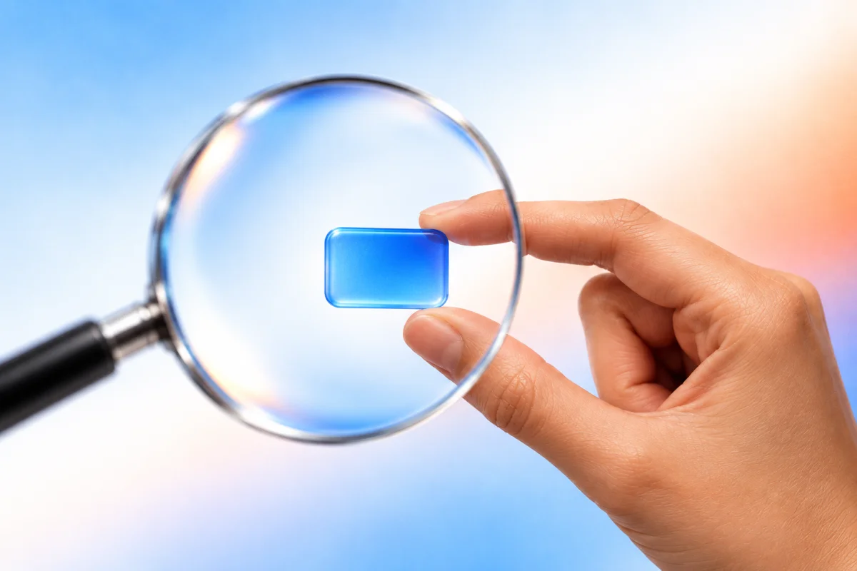A hand holds a blue glass tile behind a magnifying lens, illustrating brand visibility in AI search.