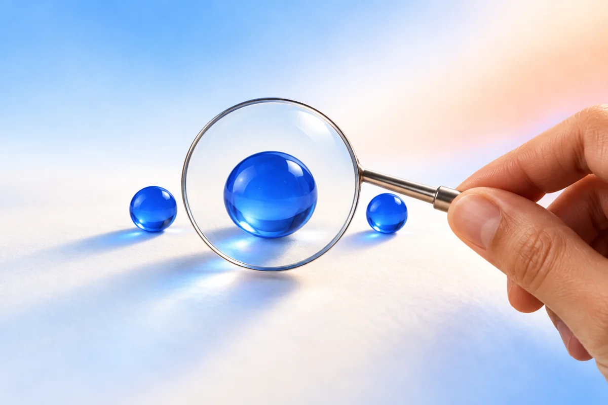 A hand holds a magnifying glass over three blue glass spheres, enlarging the center sphere.