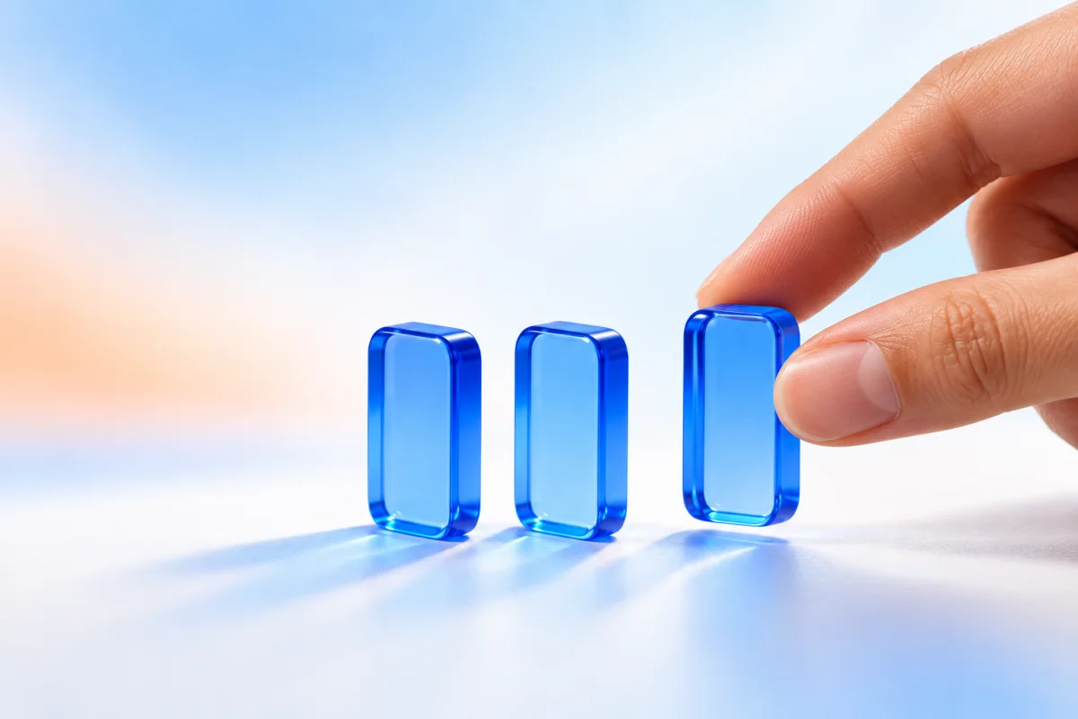 Fingertips place a translucent blue block beside two upright blocks, illustrating a connected workflow.