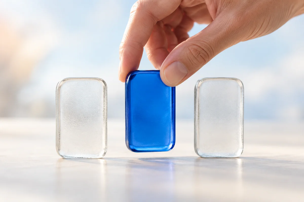 A hand lifts a cobalt-blue glass tile between two frosted clear tiles on an ivory surface.