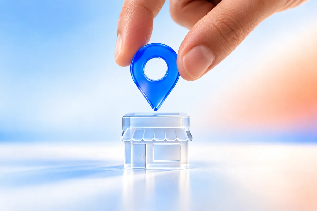 Fingers position a translucent blue location pin above a miniature frosted-glass storefront.