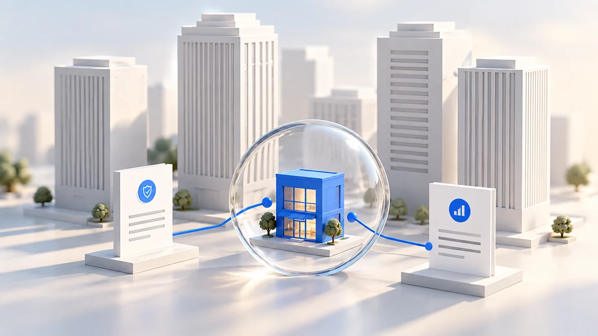 A small blue business building highlighted by a lens among larger white buildings and supporting source cards.