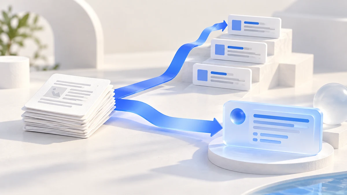Two separate blue paths connect source documents to search-result steps and a conversational answer card.