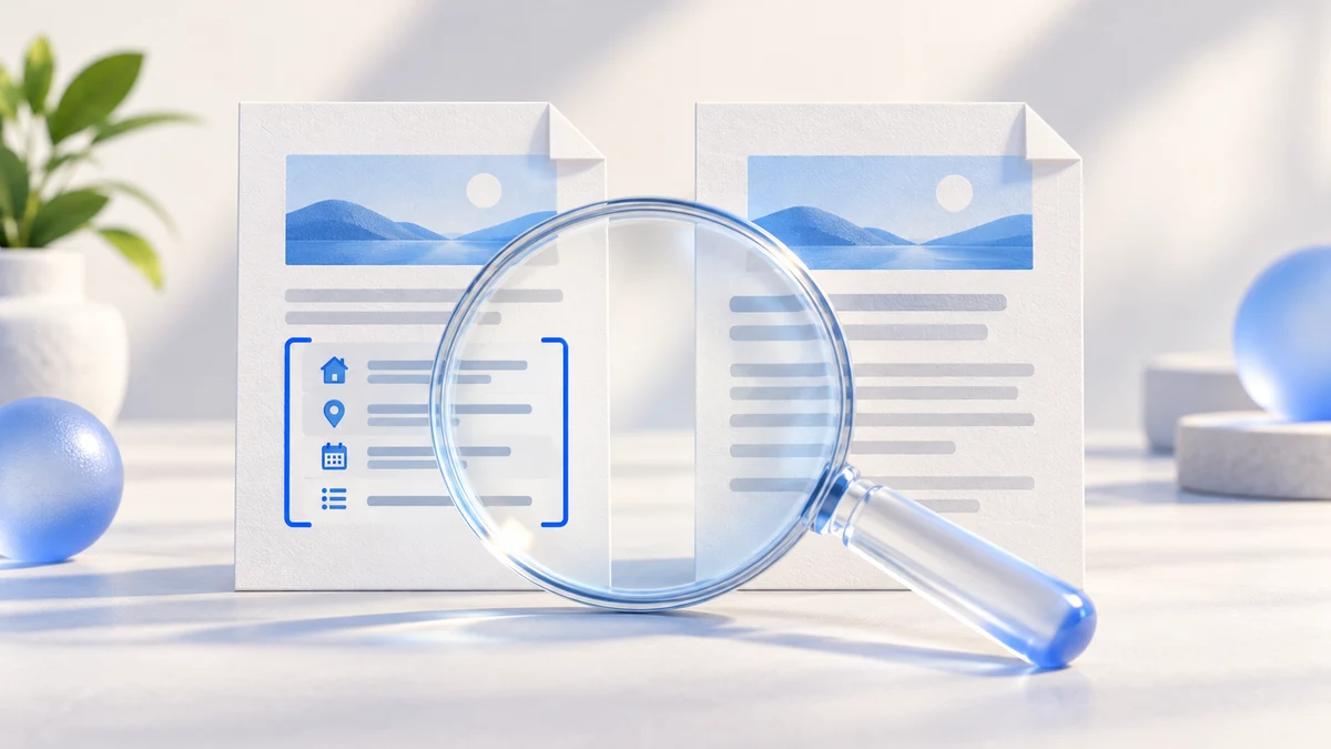 Two source documents under a clear inspection lens, with a blue structured-data frame on one document.