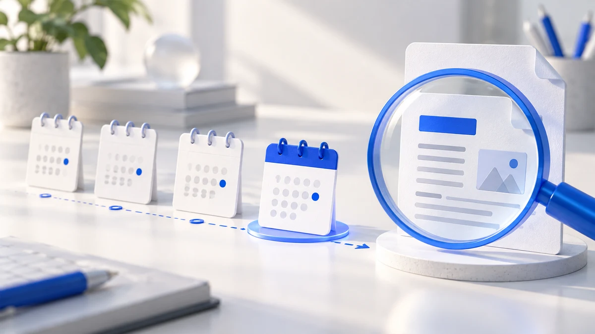 Calendar cards and a blue magnifying glass examining one source document.