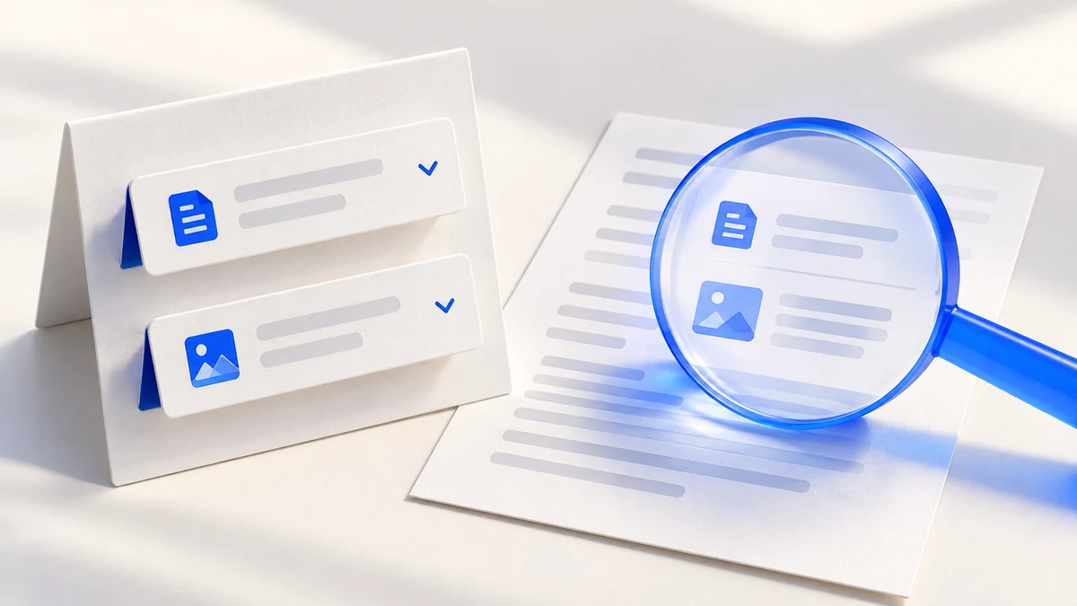 An expandable information card beside an unfolded document examined through a blue magnifying glass.