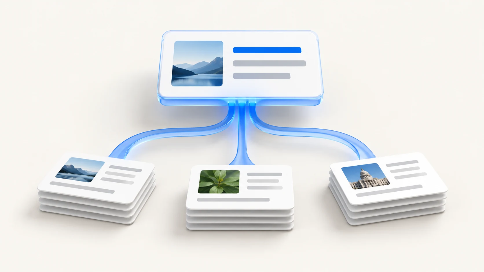 Source cards connected to one AI answer card, illustrating source selection in AI search.