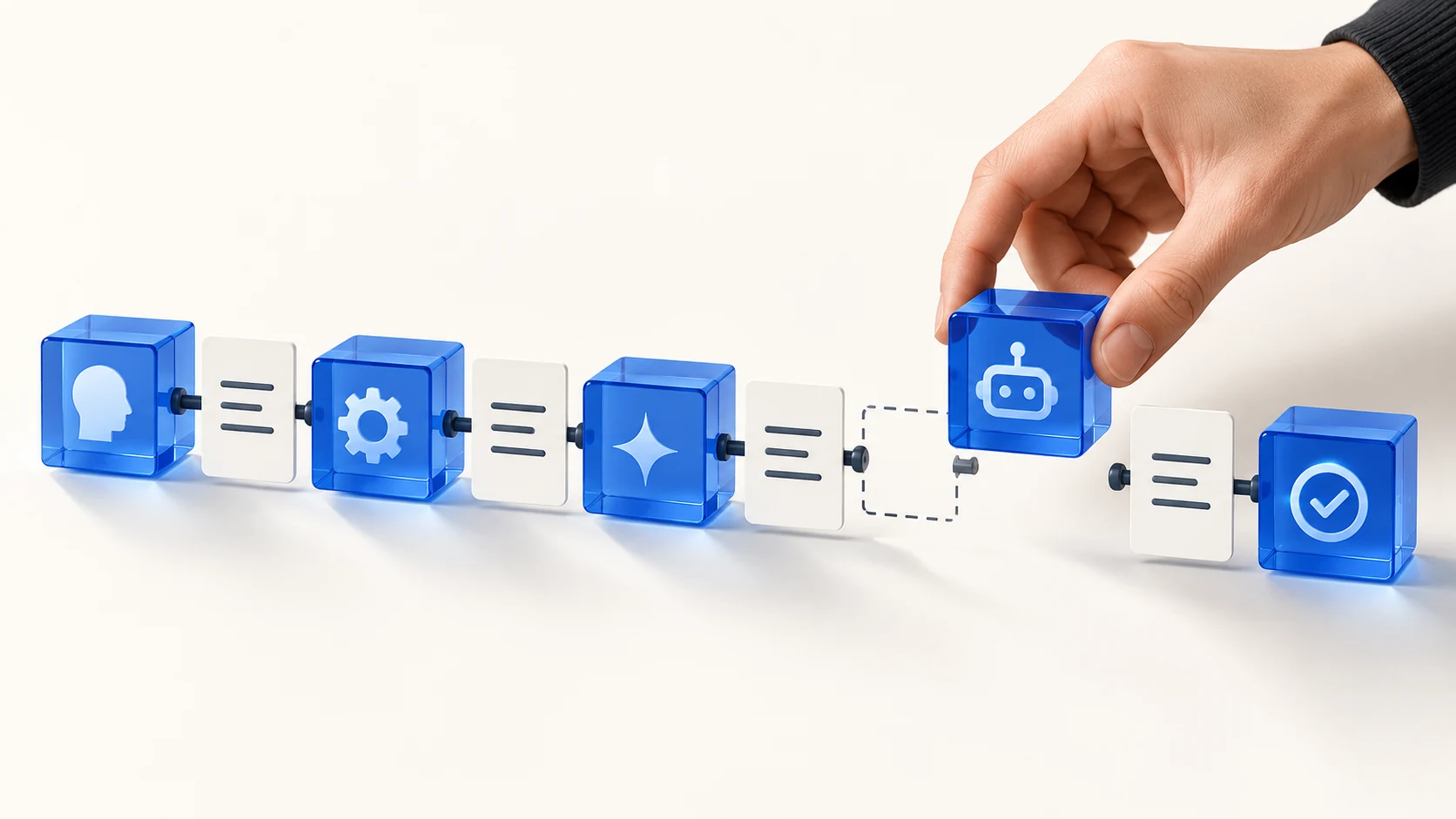 Connected workflow blocks with a human hand placing the next step, illustrating controlled AI automation.