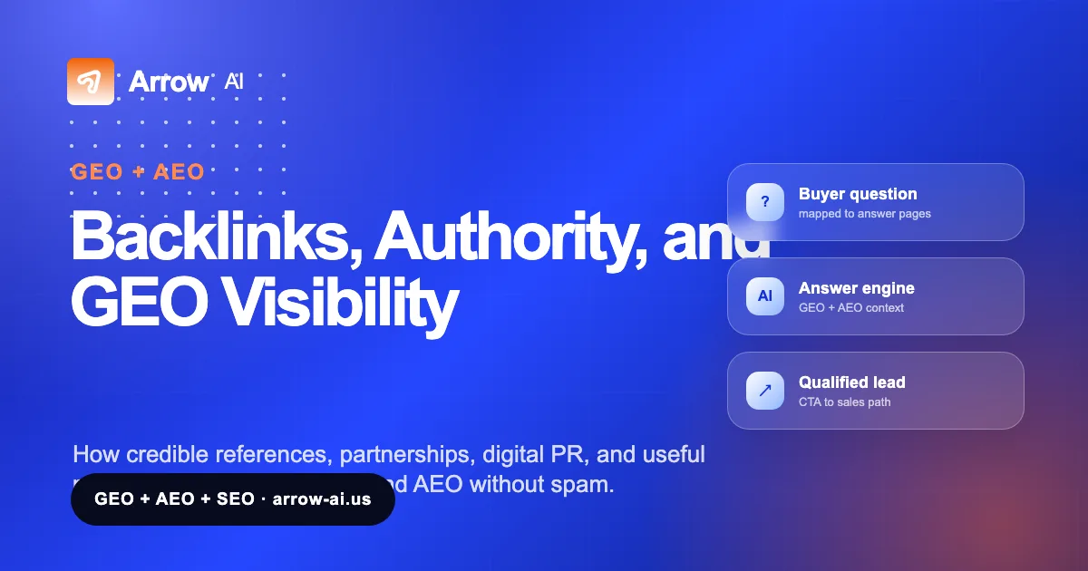 Backlinks, Authority, and GEO Visibility Arrow AI GEO and AEO visual cover