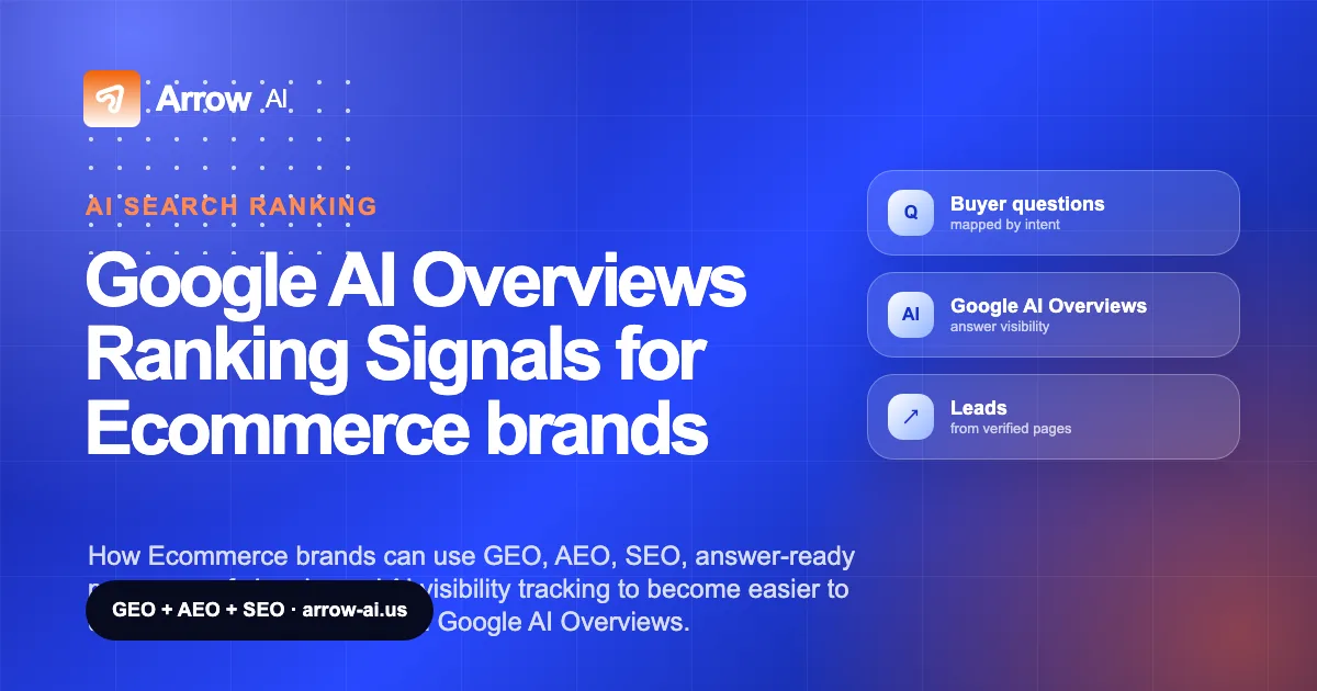 Google AI Overviews Ranking Signals for Ecommerce brands Arrow AI GEO and AEO cover