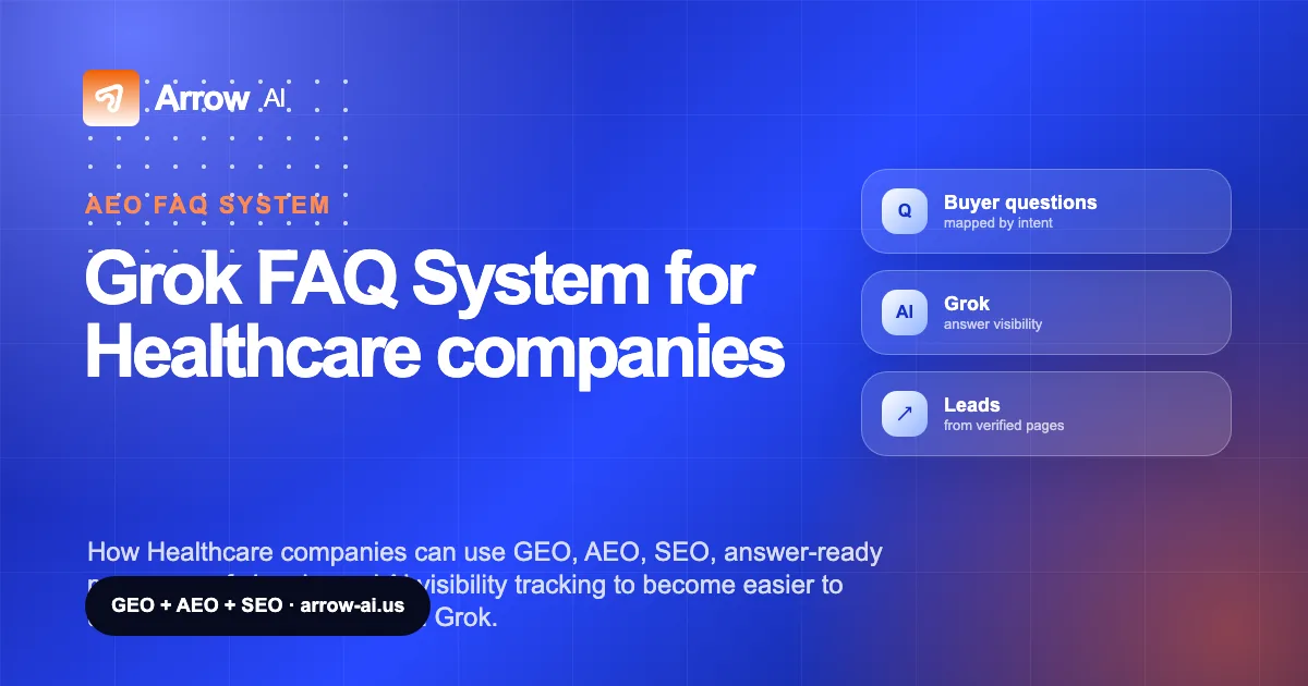 Grok FAQ System for Healthcare companies Arrow AI GEO and AEO cover